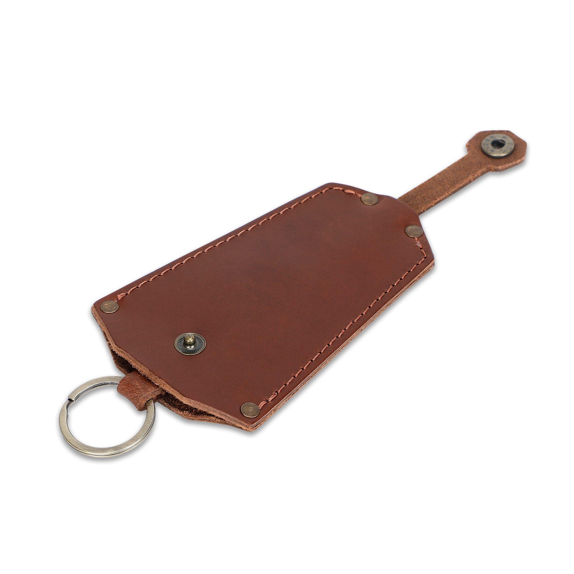 Close-up of stitched leather keyfob showing branding and hardware detail